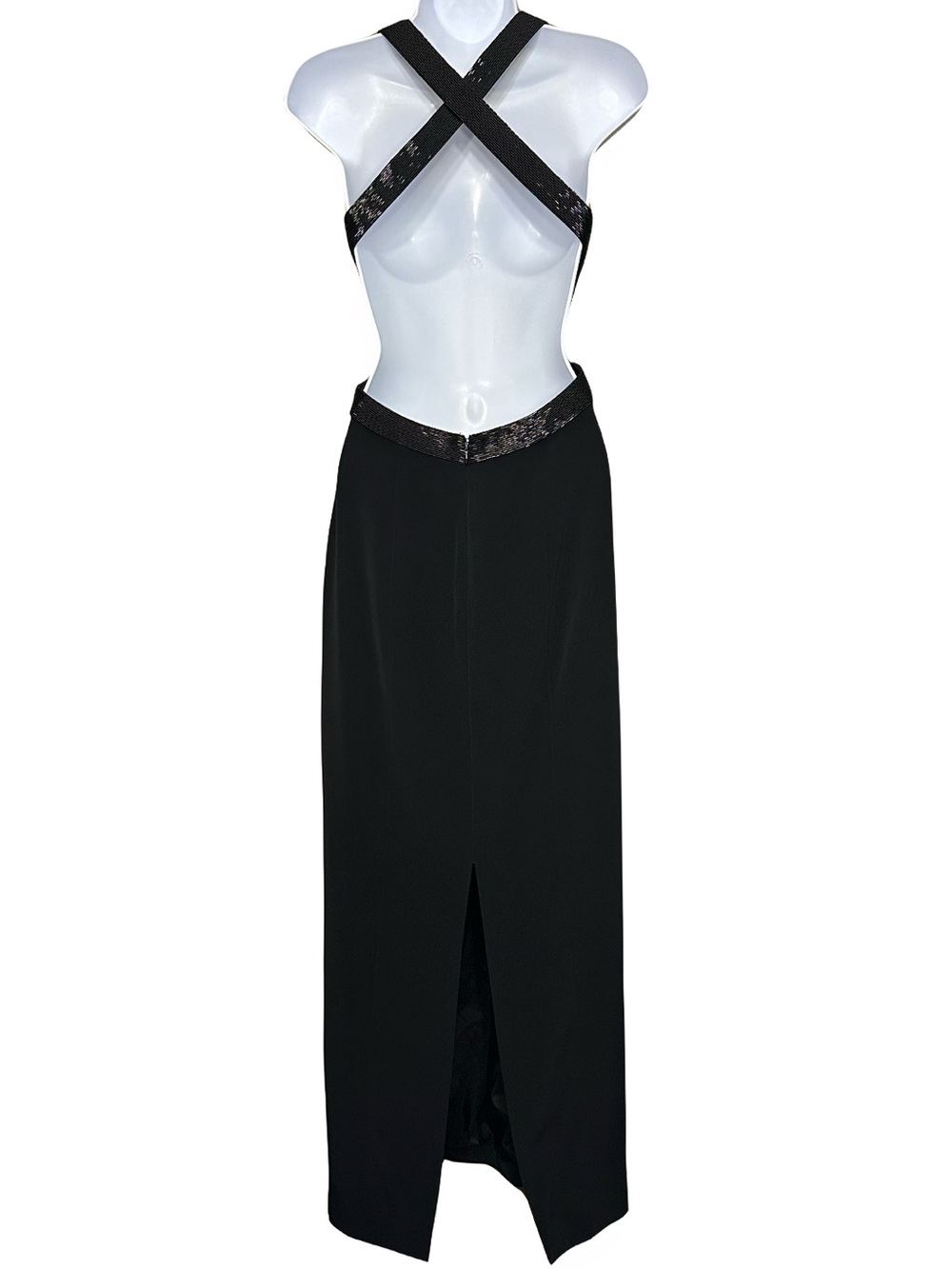 CachΓ© VTG Y2K Beaded X-Strap Halter Open Back Cutout Waist Formal Gown Black